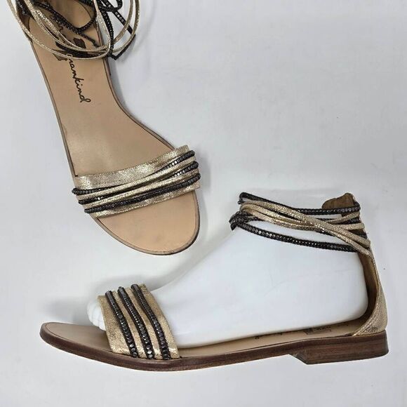 7 FOR ALL MANKIND STRAPPY GOLD BLACK LEATHER SANDALS WOMENS SIZE 9 M FLAT - Picture 1 of 8